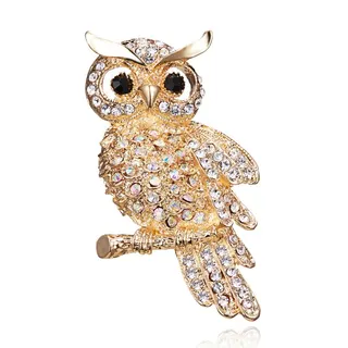 Owl Brooch Women, Rhinestone Paved Gold-Plated Animal Pin, AB Crystal Bird Brooch for Blazer Coat Hat, Elegant Vintage Jewelry Gift