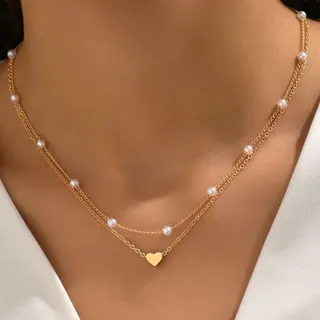 Double Layer Pearl Necklace for Women, Gold Heart Pendant Clavicle Chain, 18K Gold Plated Alloy, Elegant Minimalist Collarbone Necklace 37+5cm