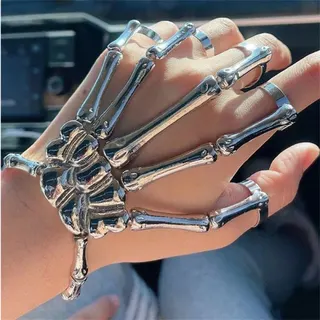 Gothic Punk Skeleton Hand Finger Ring Bracelet, Alloy Gunmetal Black Plated, Halloween Party Cosplay Statement Jewelry