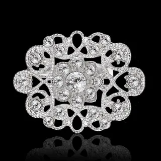 Bridal Floral Rhinestone Brooch, White Gold Plated Alloy with Micro-Pavé Crystals, Wedding Bridesmaid Lapel Pin, 3x3cm Luxury Mandala Design