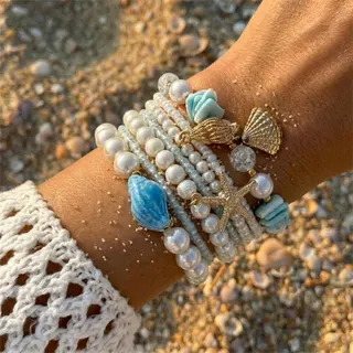 Pearl Starfish Shell Beaded Bracelet Set - French Vintage Beach Style, Blue Ceramic Shell + Imitation Pearl + Gold Alloy Starfish, Multi-Strand Stackable Wristband, ~18cm