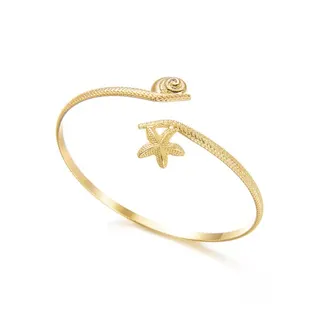 Gold Open Cuff Bangle Bracelet with Starfish & Seashell Design, Adjustable Ocean Vacation Style Vintage Jewelry for Women