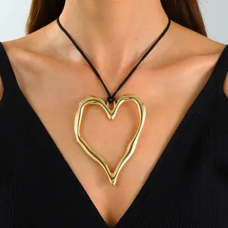 Irregular Hollow Heart Necklace Gold Plated CCB Alloy Long Rope Chain Statement Pendant for Women 78cm
