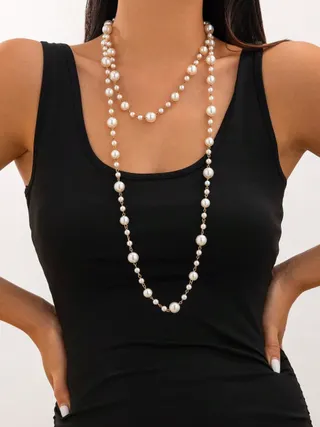 Vintage Pearl Necklace for Women - Long Layered Dangle Beaded Chain, Imitation Pearl with Gold Spacer Beads, Elegant Versatile Collarbone Chain