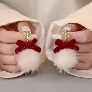 Christmas Long Drop Earrings Red Snowflake Bow Fluffy Pom Pom Alloy 18K Gold Plated Sweet Dangle Earrings for Holiday Party