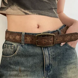 Vintage Y2K Embossed PU Belt for Women - Wide Brown Faux Leather Belt with Antique Brass Square Buckle, Retro Street Style Waist Belt for Jeans & Skirts (3.8x100cm)