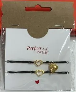 Magnetic Heart Couple Bracelet Set - 18K Gold Plated Alloy & Black Braided Cord, Adjustable, Perfect Match Gift for Valentine's Day