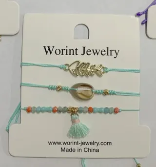 Mint Green Braided Bracelet with Hello Charm, Shell & Tassel Beads - Boho Summer Jewelry for Women