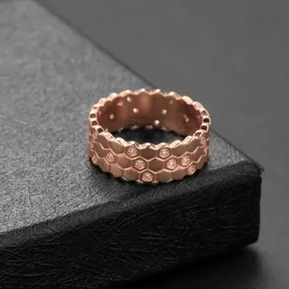 Honeycomb Zircon Ring White Gold Plated Copper Wide Band Geometric Hexagon Ring Size 8 Luxury Stackable Ring for Women