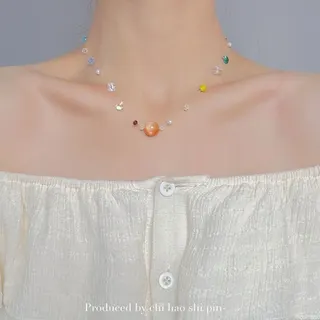 Summer Dopamine Colorful Crushed Stone Bead Necklace - Alloy & Resin Multi-Color Charm Chain with Coral Center Bead, Adjustable 40+5cm, Feminine Delicate Collar Necklace for Women