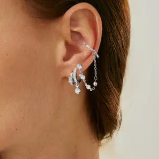 Silver Rhinestone Tassel Ear Cuff Earrings Set - Minimalist Stacking Hoop with Dangling Chain, Hypoallergenic Alloy Jewelry for Women