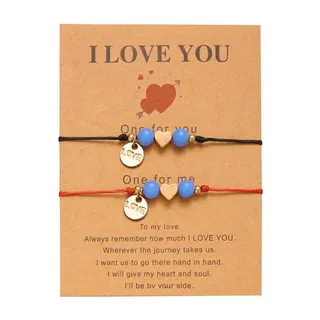 Glow-in-the-Dark Star Beaded Couple Bracelet Set, Gold-Plated LOVE Charm & Adjustable Braided Cord (16-28cm), Black & Red Pair with I Love You Card, Valentine's Gift for Her & Him