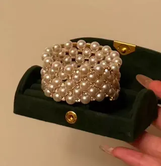 Vintage Wide Pearl Cuff Bracelet - Multi-Row Imitation Pearl with Gold-Tone Metal Frame, White Luxury Statement Bangle for Women