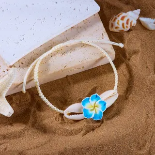 Flower Shell Braided Bracelet - Soft Clay Plumeria & Seashell, Adjustable 16-28cm Pink Beach Boho Wristband