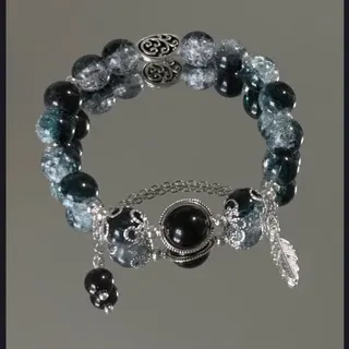 Feather Planet Beaded Bracelet for Women - Vintage Boho Ice-Crack Blue Glass Beads with Silver Feather Charm, Elastic Stretchy Bracelet 6cm, Unique Gift Jewelry