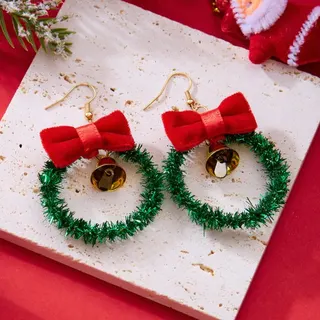 Christmas Bow Wreath Dangle Earrings - Red Green Gold Bell Drop Earrings for Women, Festive Holiday Party Jewelry, 4x6cm Pair