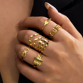 Stainless Steel Gold Ring Set of 6 - Palm Star Moon Geometric Line Open Rings, Infinity & Letter Chain Stacking Rings, Hypoallergenic Tarnish-Free Fashion Jewelry for Women