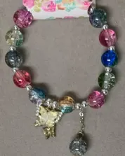 Colorful Glass Bead Bracelet with Butterfly Charm - Sweet Girly Multi-Color Beaded Bracelet with Crystal Drop Pendant