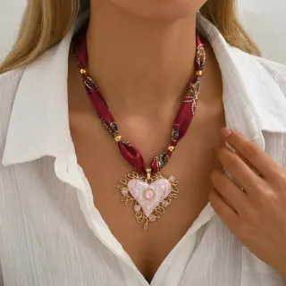 French Vintage Silk Scarf Necklace for Women, Heart Drop-Enamel Pendant with 18K Gold Plated Stainless Steel, Knot Print Scarf Chain, Elegant Blazer Accessory, Blue, 55+5cm