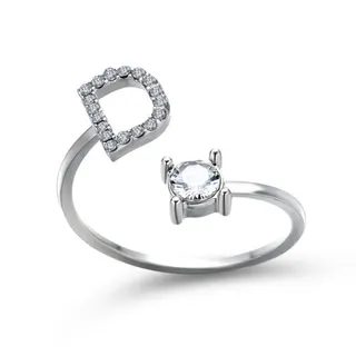Adjustable Open Letter D Ring, White Gold Plated Alloy with Rhinestones, Four-Prong Round Crystal, Personalized Alphabet Finger Ring for Women, 1pc