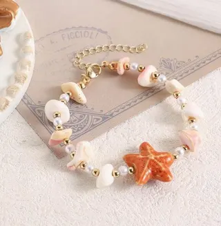 Vintage Ceramic Starfish Beaded Bracelet with Shell & Pearl Accents, 17cm Boho Ocean Style Women Jewelry