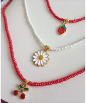 Sweet Cherry Strawberry Daisy Beaded Necklace Set 3PCS - Alloy & Seed Bead Fruit Pendant Adjustable 40+5cm Cute Girl Jewelry
