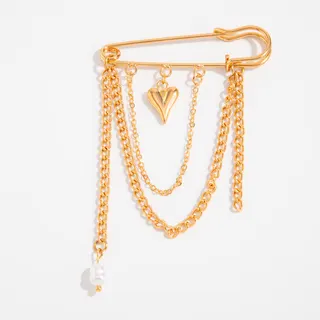 Gold Chain Tassel Brooch Pin with Heart Charm & Pearl Drop, Vintage Safety Pin Jewelry, Pants Hem Shortener Decor, Alloy 18K Gold Plated, 6x14cm