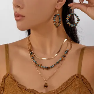 Natural Stone Snake Chain Layered Necklace & Hoop Earring Set, Red Garnet Beaded 18K Gold Plated Alloy, Bohemian Vintage Jewelry for Women