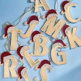 Custom Christmas Letter Ornament - 18K Gold Plated Alloy with Rhinestone Santa Hat, Personalized Holiday Tree Hanging Decor (1pc)