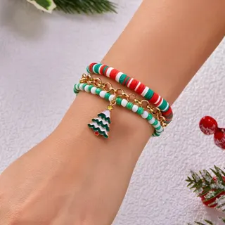 Christmas Bracelet Set for Women 2pcs - Colorful Snowflake Charm Beaded Bracelet, Red White Green Elastic Cord Wrap, Holiday Gift Jewelry for Girls Teens