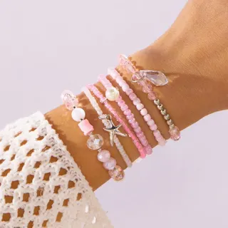 Pink Starfish Shell Beaded Bracelet Set of 6 - Ocean Style Layered Charm Bracelets with Soft Clay & Crystal Stones, 18cm, Sweet Girl Gift