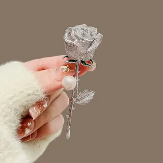 Silver Rose Brooch with Rhinestones & Pearl - Luxury Floral Pin for Wedding, Suit & Blazer, Alloy Crystal Rose Flower Badge