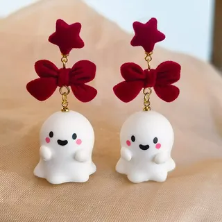 Cute Ghost Drop Earrings with Red Velvet Bow & Star, Halloween Christmas Cartoon Resin Alloy Dangle Earrings for Women Girls, Lightweight 5.5cm Festive Jewelry