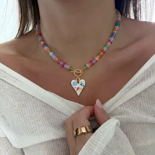 Colorful Beaded Necklace with Hand-Painted Heart Pendant, 18K Gold Plated OT Clasp, 48cm Sweet Girl Choker for Women