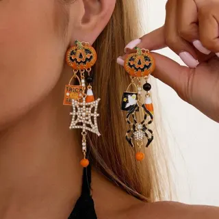 Halloween Dangle Earrings Women - Pumpkin & Spider Rhinestone Drop Earrings, Gold Plated Alloy Enamel, Festive Party Cosplay Jewelry