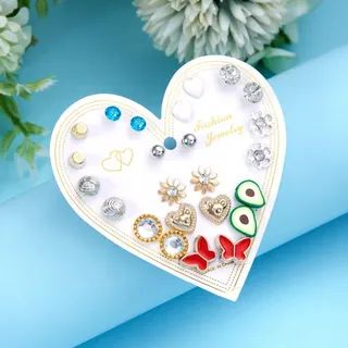 12 Pairs Heart Butterfly Flower Stud Earrings Set, Alloy Rhinestone Lightweight Hypoallergenic, Gold Silver Plated, Wedding Bridesmaid Gift Box