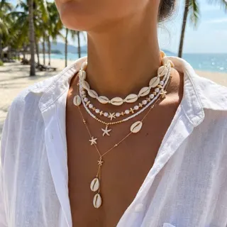 Boho Shell Starfish Pearl Necklace Set of 4 - Layered Adjustable Beach Necklace, Gold Plated Alloy with Rice Beads & Acrylic Shells, Summer Vacation Wedding Jewelry for Women
