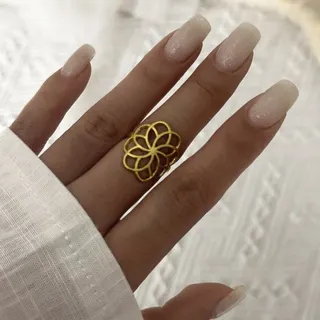 French Vintage Flower Ring for Women - White Enamel Wide Band with 18K Gold Plated Floral & Dot Details, Stainless Steel Hypoallergenic Statement Ring