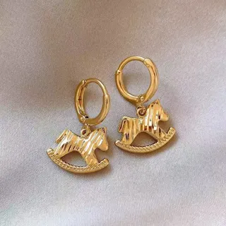 Lucky Rocking Horse Gold Earrings - Alloy 18K Gold Plated Dangle Hoop Earrings, Festive Gift for Women