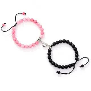 Natural Stone Couple Bracelet Set - Colorful & Black Matte Beads with Magnetic Heart Clasp, Adjustable Braided Cord, 8mm Beads, 2pcs Gift for Her Him