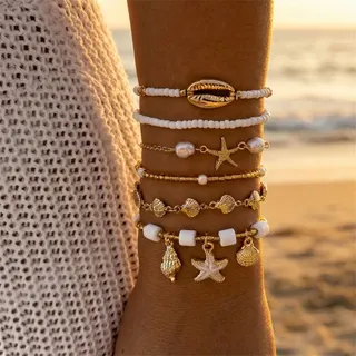 Boho Beach Bracelet Set - 5pcs Starfish Shell Conch Beaded Bracelets, Gold Alloy 18K Plated with Rice Beads & Soft Clay Charms, Summer Vacation Stackable Jewelry
