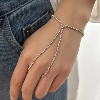 Stainless Steel Cubic Zirconia Finger Chain Bracelet, 18K Gold Plated Hand Wrap Cuff, Hypoallergenic Minimalist Jewelry Gift for Women