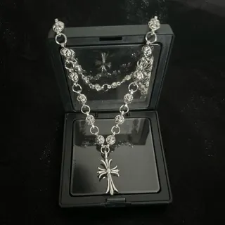 Vintage Cross Pendant Necklace for Women, Silver Alloy Engraved Bead Chain, 50cm Long Religious Jewelry