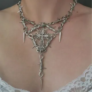 Gothic Cross Necklace for Women, Punk Spiky Thorn & Skull Pendant, Silver Alloy with Rhinestone, Statement Choker Chain 30+5cm