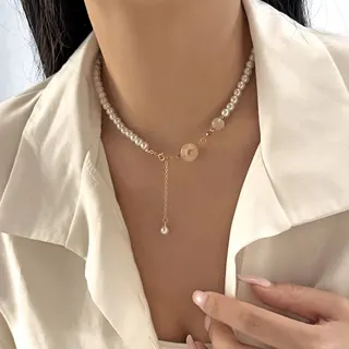 New Chinese Style Ping An Kou Pearl Tassel Necklace, Gold Plated Imitation Pearl Beaded Choker with Dangling Drop, 40+5cm Adjustable Collarbone Chain for Women