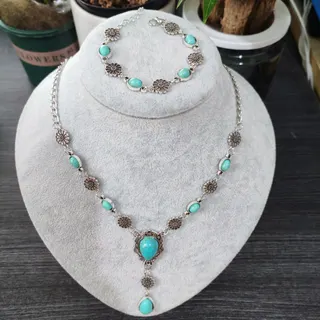 Bohemian Turquoise Necklace Bracelet Set, Vintage Alloy Imitation Turquoise Jewelry Set, Adjustable Ethnic Style Necklace & Bracelet Combo for Women