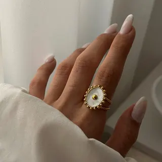 Stainless Steel Gold Beaded Ring - Vintage Double Band Enamel Center Ring, Hypoallergenic Tarnish-Free, 1.8cm Boho Statement Finger Ring for Women
