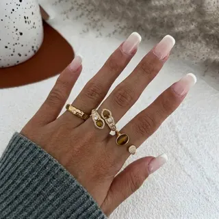 Tiger Eye Maillard Ring Set 3pcs - Vintage Gold Tone Cat's Eye & Zircon Stacking Rings for Women, 18K Gold Plated Alloy, French Retro Earthy Tone Jewelry Gift