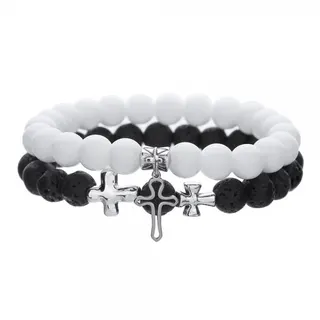 8mm Obsidian & White Turquoise Bead Bracelet with Cross Pendant - Couple Bracelet Set, Alloy Rhinestone, Black & White Minimalist Jewelry (2 Pcs)