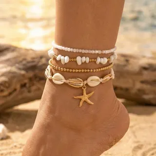 4-Piece Shell Starfish Beaded Anklet Set, White Boho Beach Ankle Bracelet with Cowrie Shells & Gold Starfish Charm, 20cm Summer Vacation Jewelry